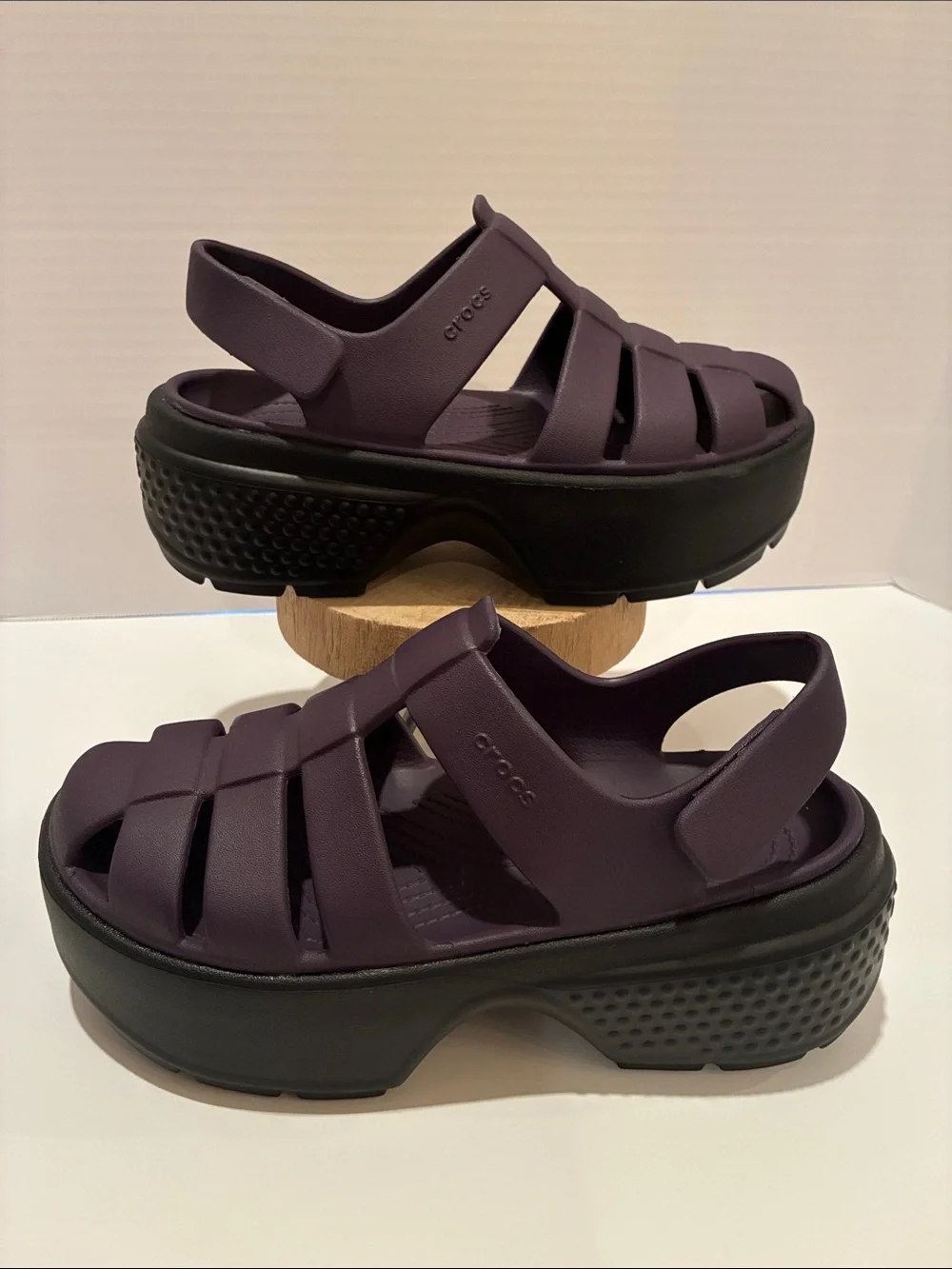 CROCS Women's Stomp Fisherman Platform Sandal in Deep Plum with Black Sole